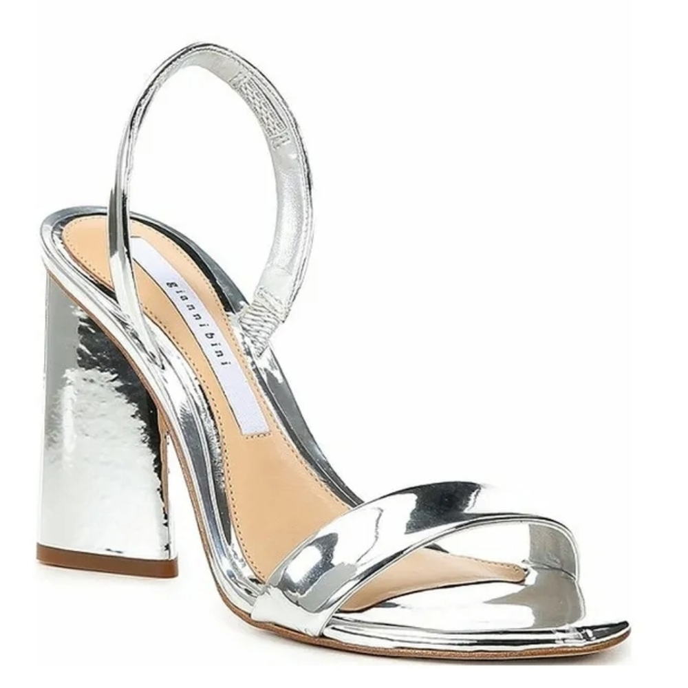 Gianni Bini Dansbie Mirror Metallic Slingback Block Heel Sandals, Size 9
